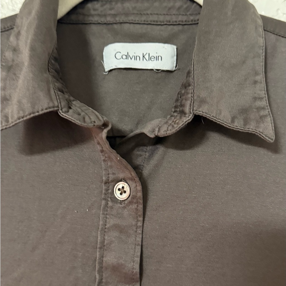 Calvin Klein Long Sleeve Cotton Button-Down Shirt Dress - Espresso Brown - Picture 7 of 12